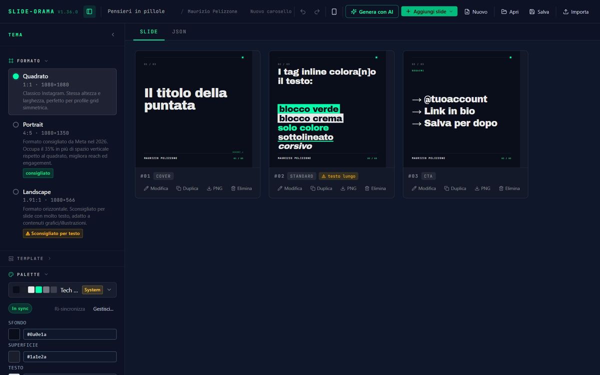 Schermata di Slide-orama: Caroselli per Instagram e LinkedIn coerenti con il tuo brand, senza software di grafica.